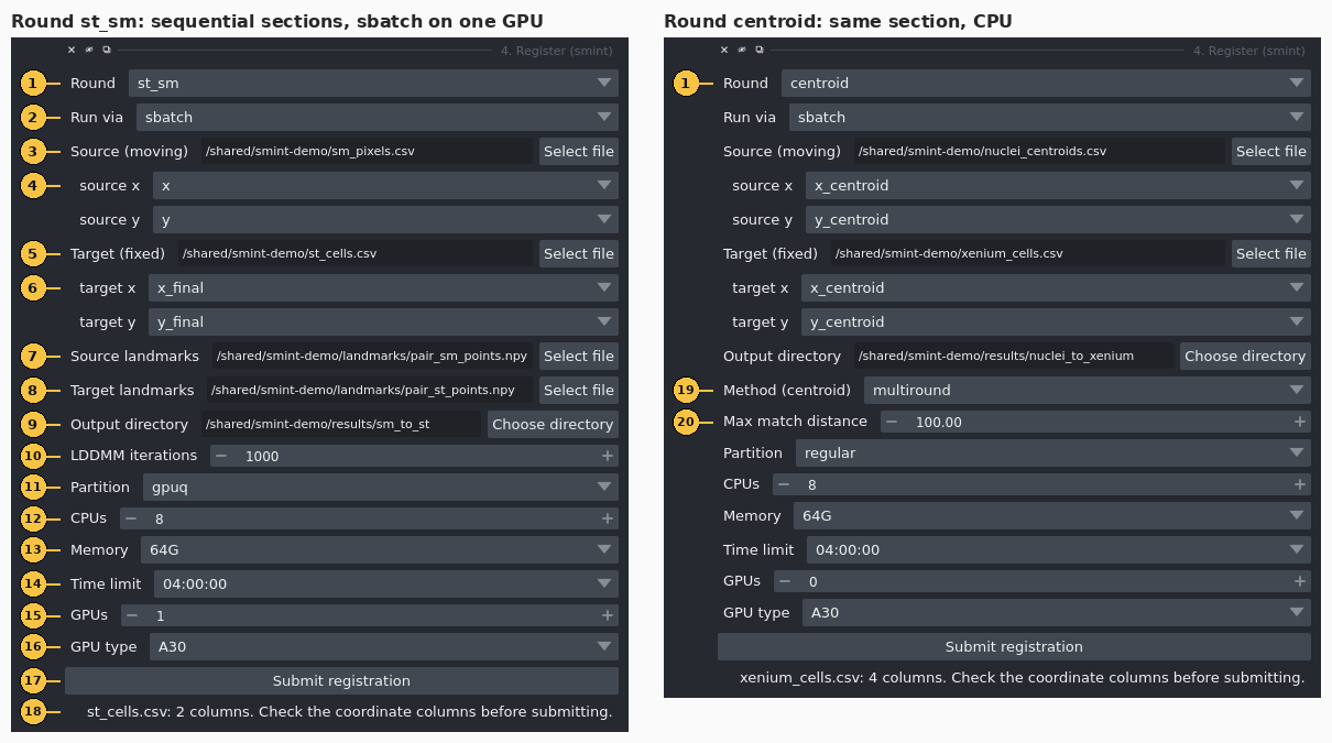The Register widget for the st_sm and centroid rounds